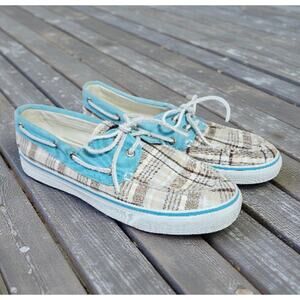 Sperry Top-sider Deck Shoes Women's Size 8M Teal and Brown Plaid JB-CH171 Great